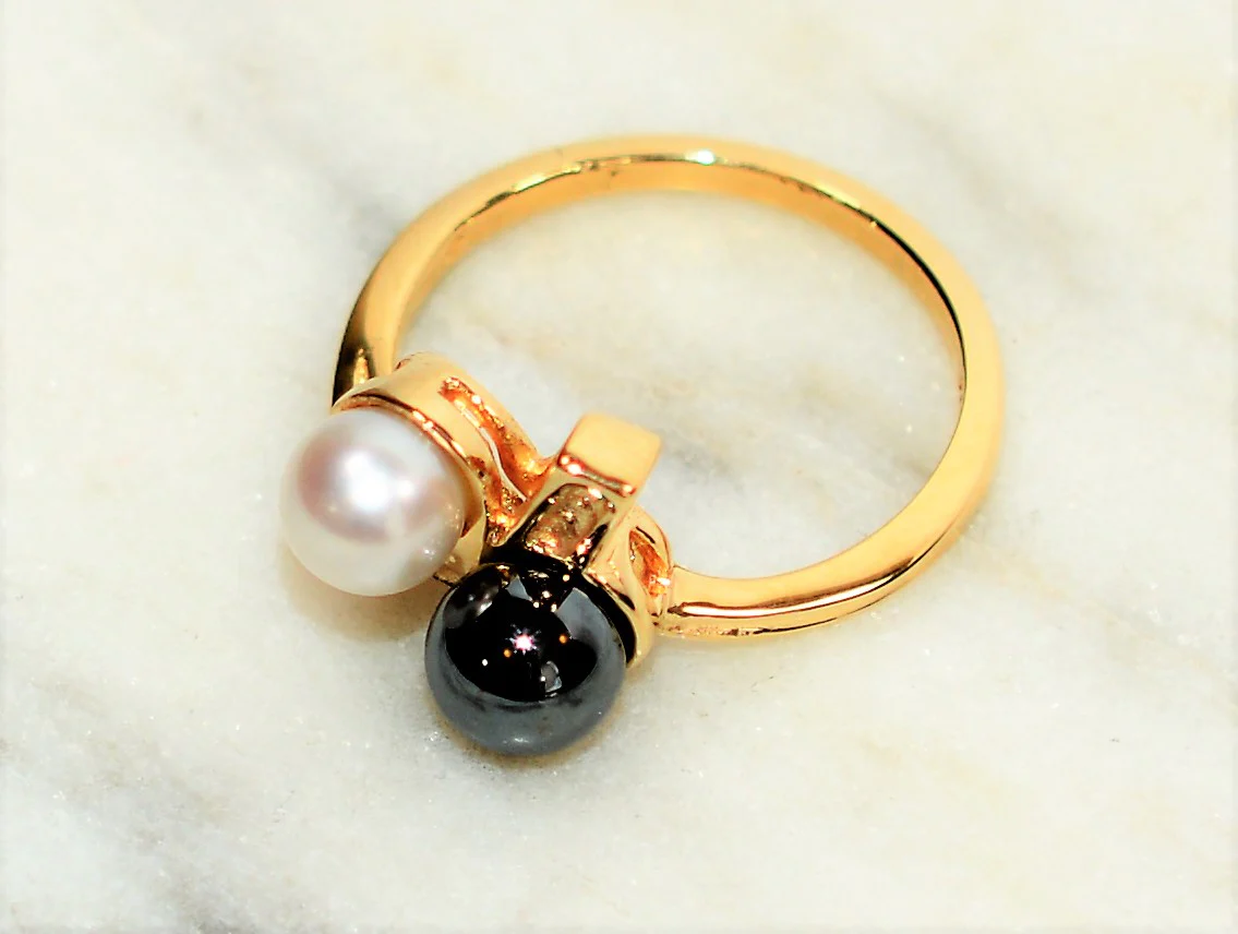 Natural Tahitian Pearl & Akoya Pearl Ring 10K Solid Gold 5.50mm Black Pearl Gemstone Ring Estate Jewelry Vintage Ring Statement Women’s Ring - Image 8