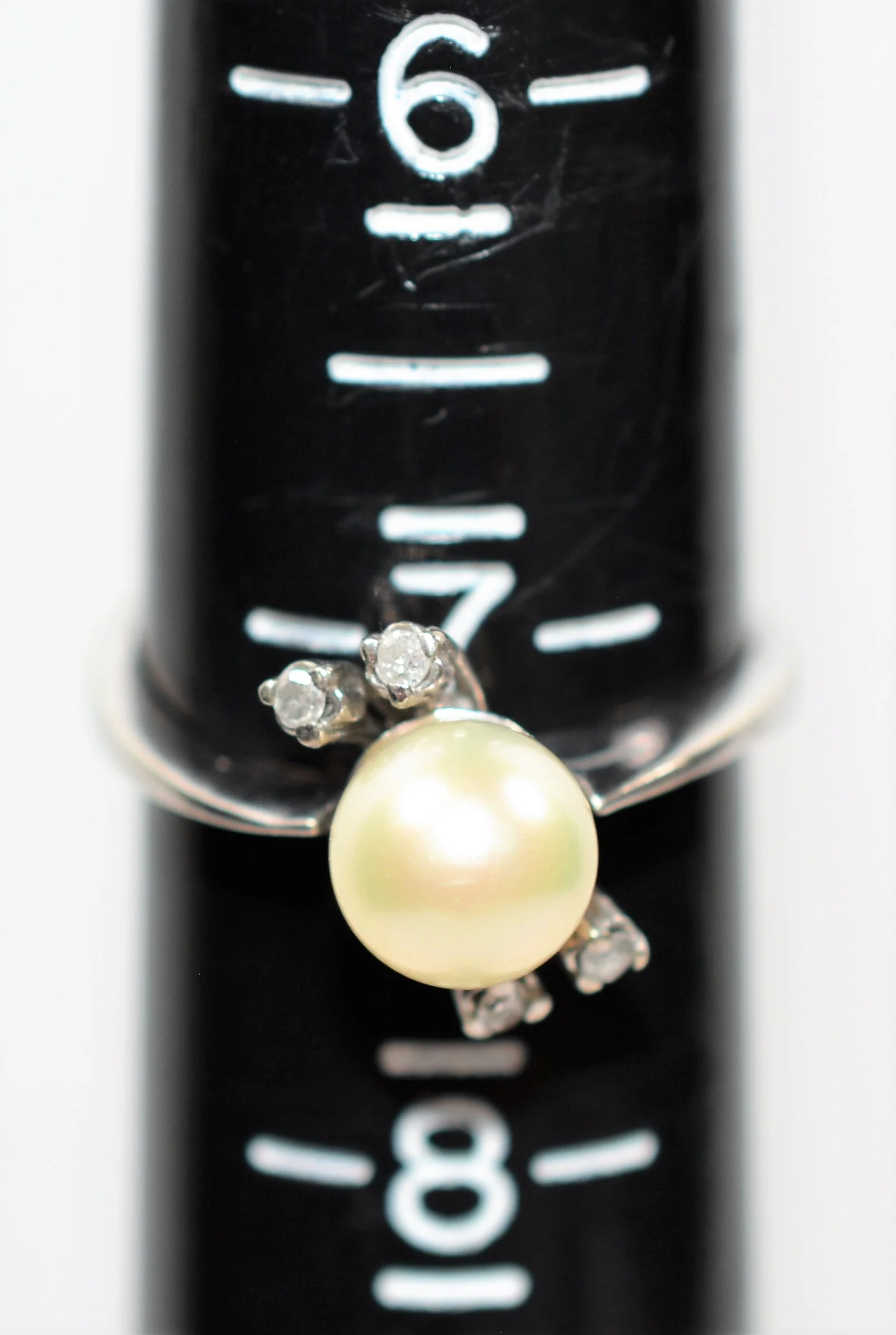 Natural Akoya Pearl & Diamond Ring 18K Solid White Gold .12tcw Gemstone Ring Pearl Ring June Birthstone Ring Ladies Ring Women's Ring Estate - Image 9