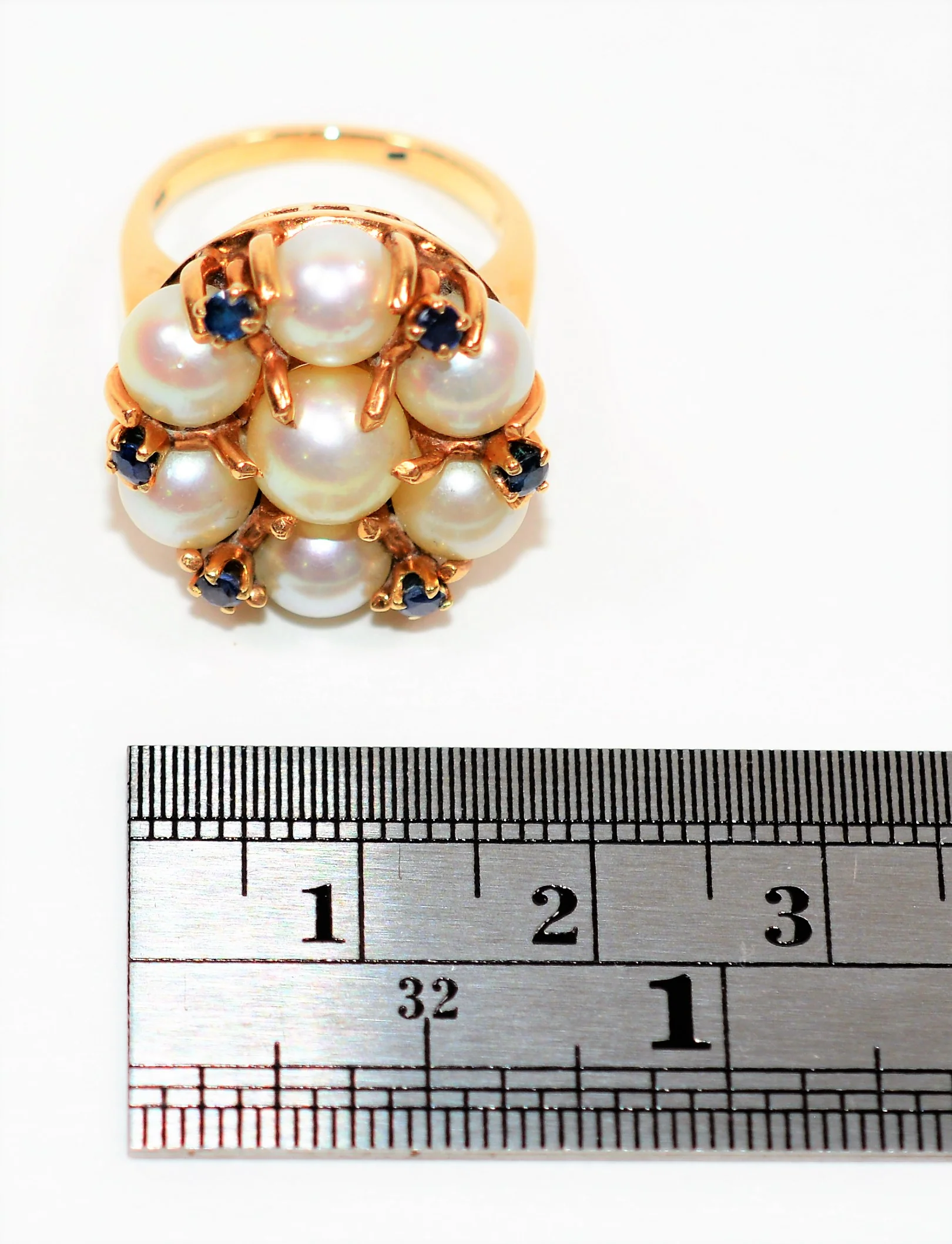 Natural Akoya Pearl & Blue Sapphire Ring 14K Solid Gold .24tcw Antique Ring Cluster Ring Cocktail Ring Statement Ring Fine Vintage Jewellery - Image 11