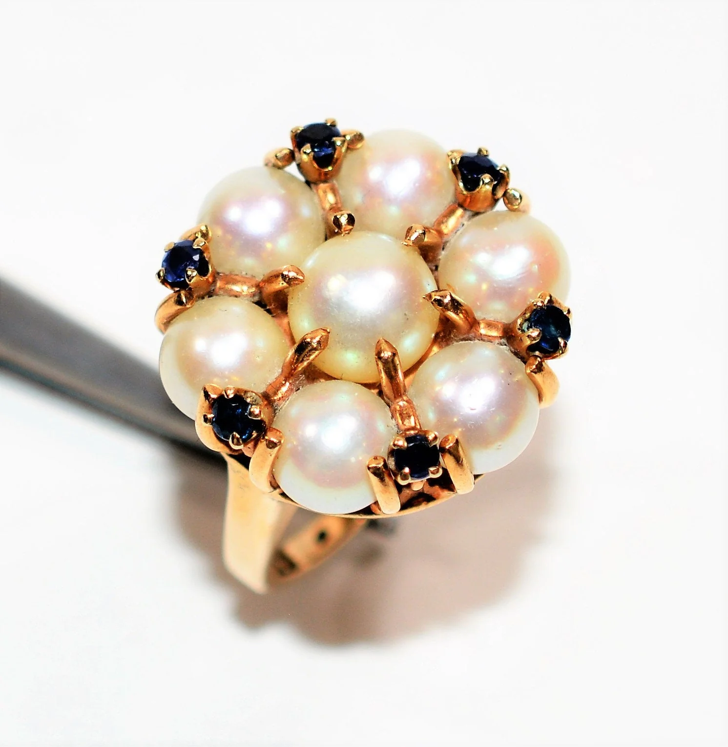 Natural Akoya Pearl & Blue Sapphire Ring 14K Solid Gold .24tcw Antique Ring Cluster Ring Cocktail Ring Statement Ring Fine Vintage Jewellery - Image 4