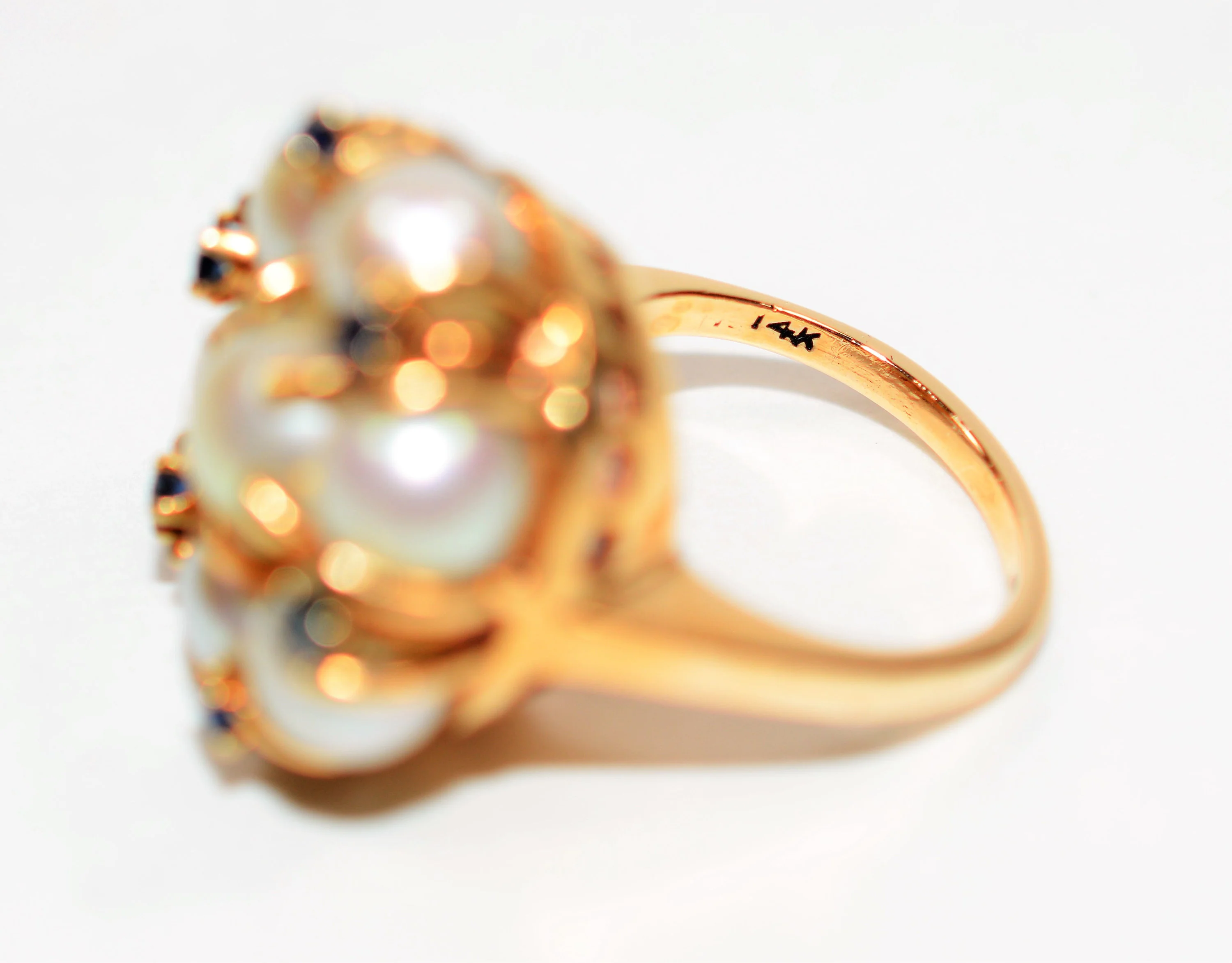 Natural Akoya Pearl & Blue Sapphire Ring 14K Solid Gold .24tcw Antique Ring Cluster Ring Cocktail Ring Statement Ring Fine Vintage Jewellery - Image 6