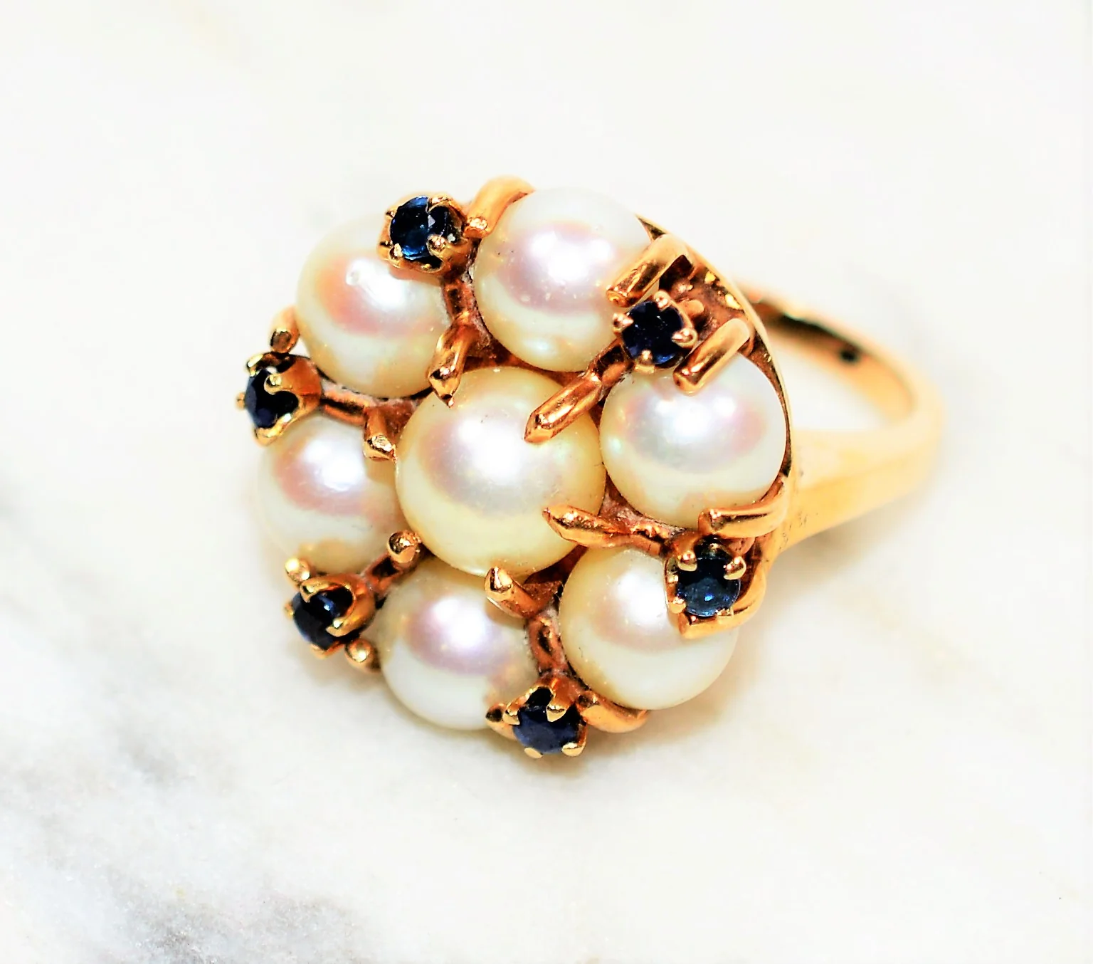 Natural Akoya Pearl & Blue Sapphire Ring 14K Solid Gold .24tcw Antique Ring Cluster Ring Cocktail Ring Statement Ring Fine Vintage Jewellery - Image 8