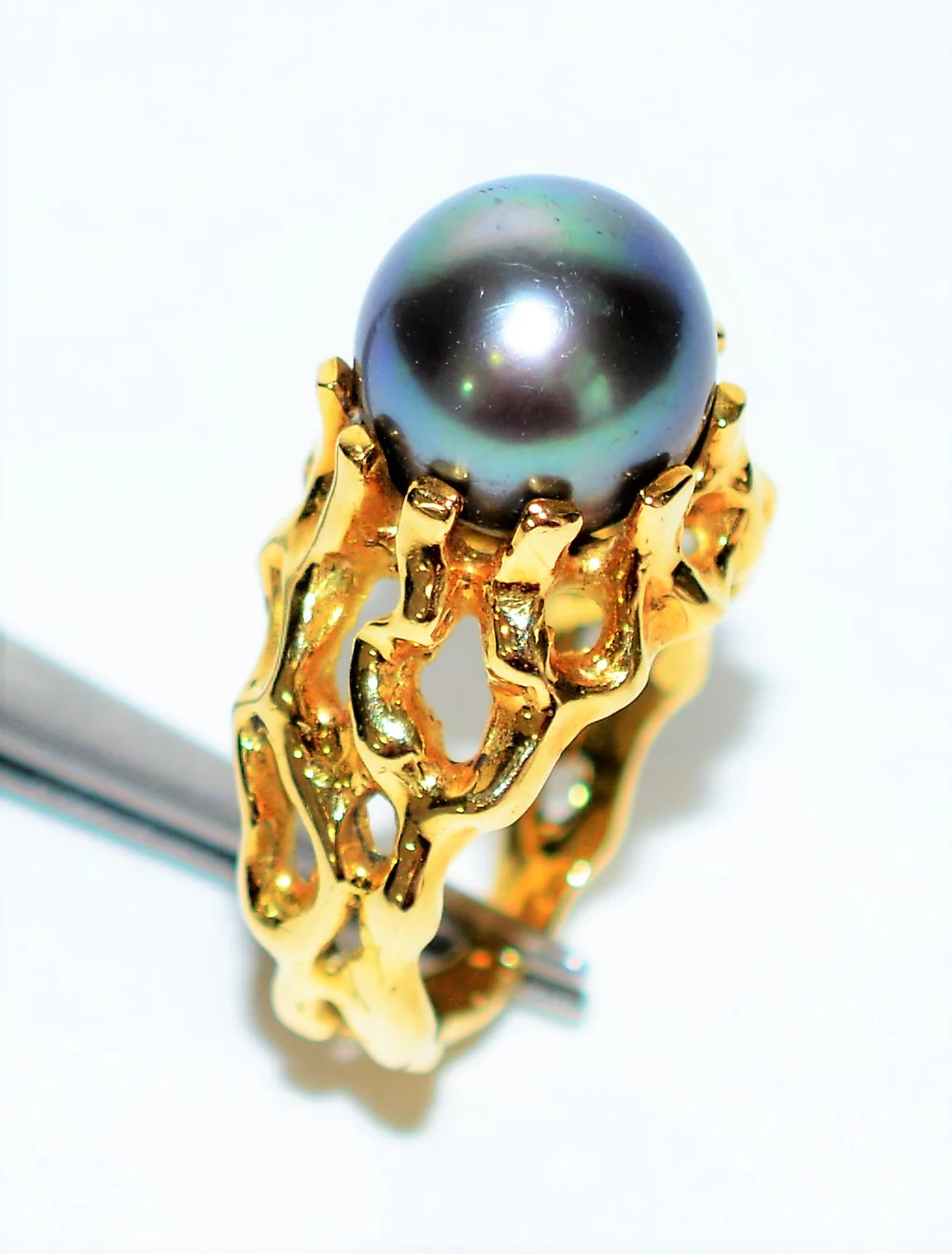 Natural Tahitian Pearl Ring 18K Solid Gold 10mm Black Pearl Ring Vintage Ring Cocktail Ring June Birthstone Ring Solitaire Ring Estate Ring - Image 4