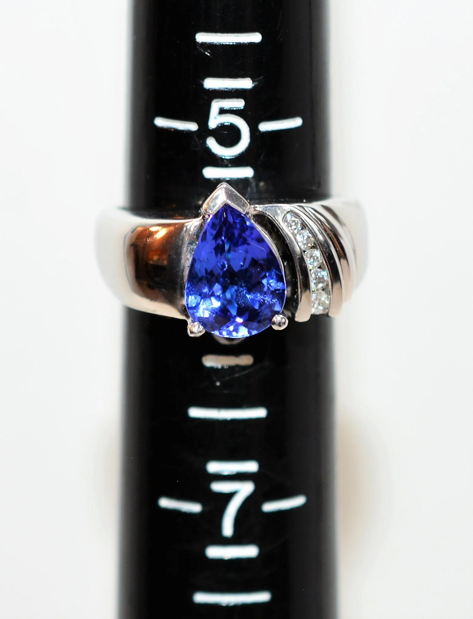 Natural D'Block Tanzanite & Diamond Ring 14K Solid White Gold 2.10tcw Bold Gemstone Pear Cut Fine Vintage Estate Jewelry - Image 9