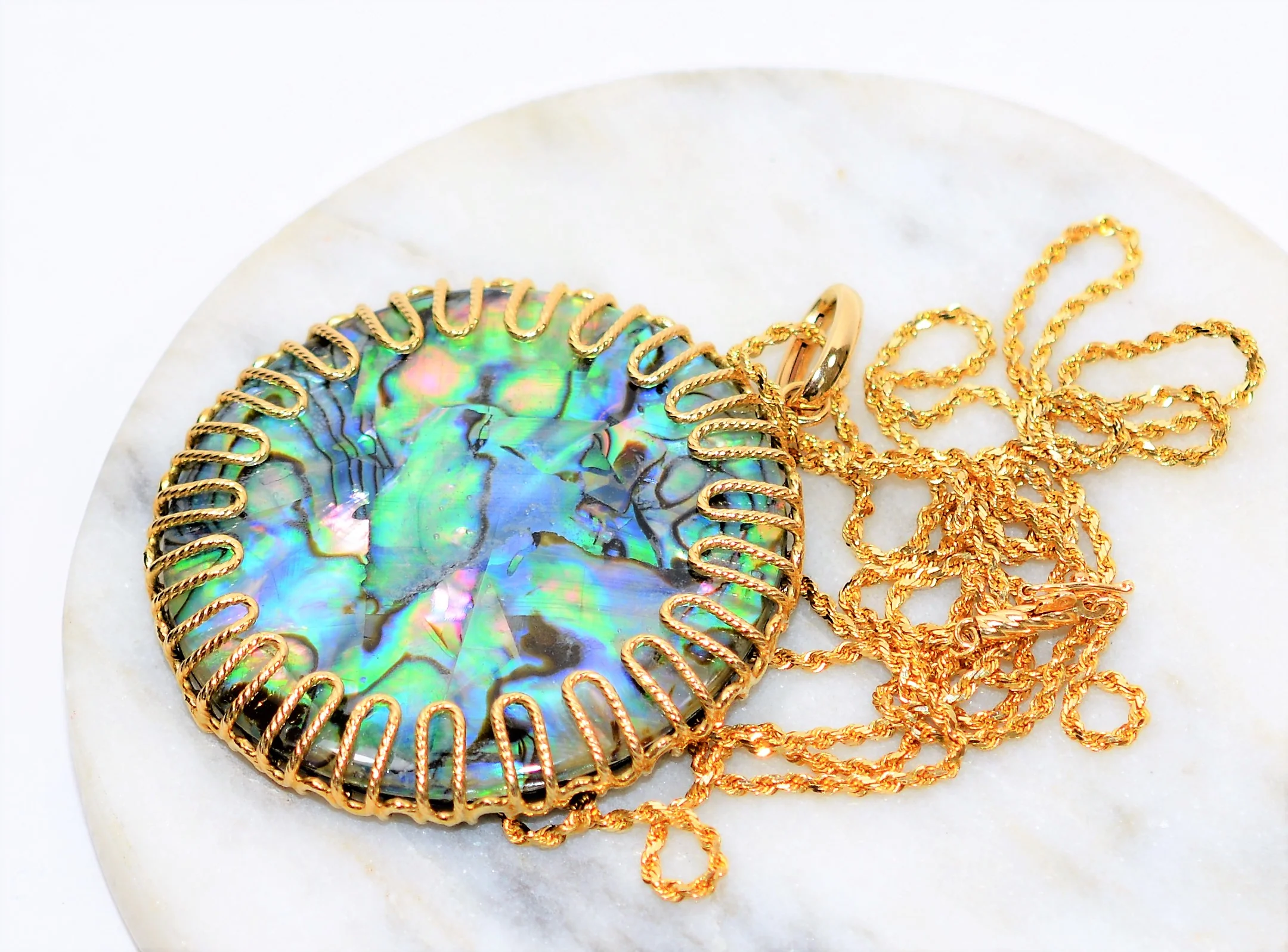 Natural Abalone Necklace 14K Solid Gold 48mm Pendant Necklace Reversible Pendant Gemstone Necklace Statement Necklace Abalone Shell Estate - Image 12