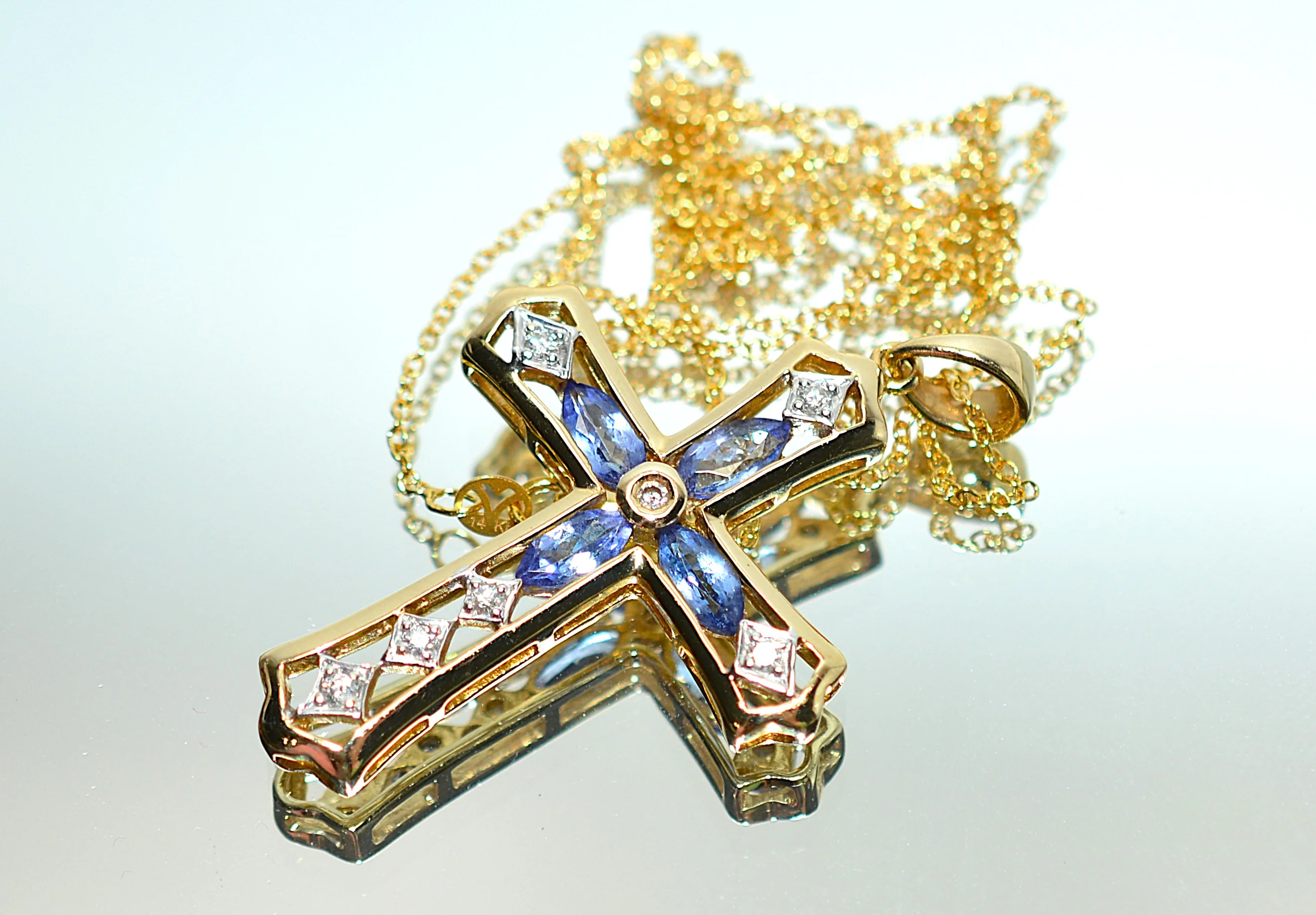 LeVian Natural Tanzanite & Diamond Necklace 14K Yellow Gold 1.01tcw Cross Pendant Necklace Religious Jewelry Designer Vintage Estate Jewelry - Image 16