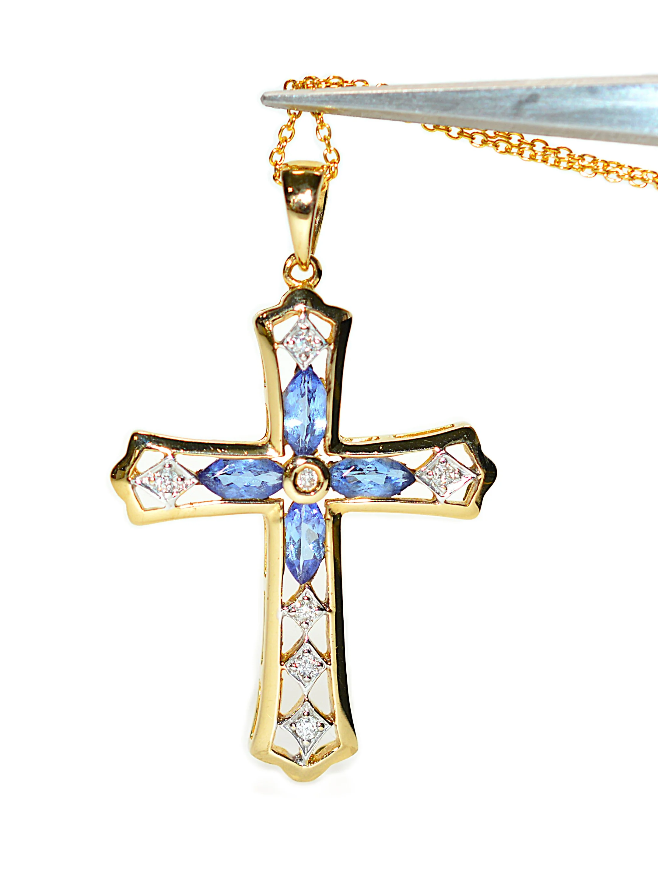LeVian Natural Tanzanite & Diamond Necklace 14K Yellow Gold 1.01tcw Cross Pendant Necklace Religious Jewelry Designer Vintage Estate Jewelry - Image 3