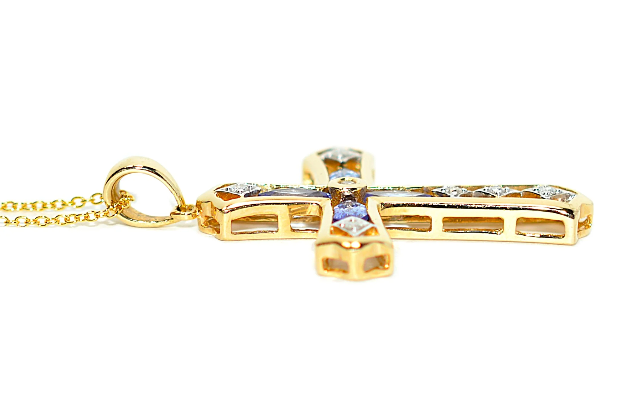 LeVian Natural Tanzanite & Diamond Necklace 14K Yellow Gold 1.01tcw Cross Pendant Necklace Religious Jewelry Designer Vintage Estate Jewelry - Image 5