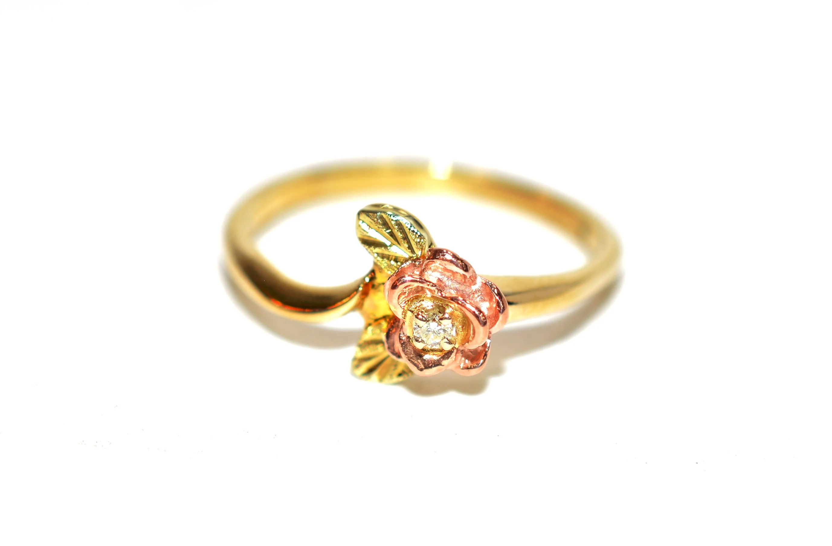 Natural Diamond Ring 10K Solid Gold Black Hills Gold .01ct Rose Ring Women's Ring Ladies Ring Solitaire Ring Flower Ring Nature Ring Estate