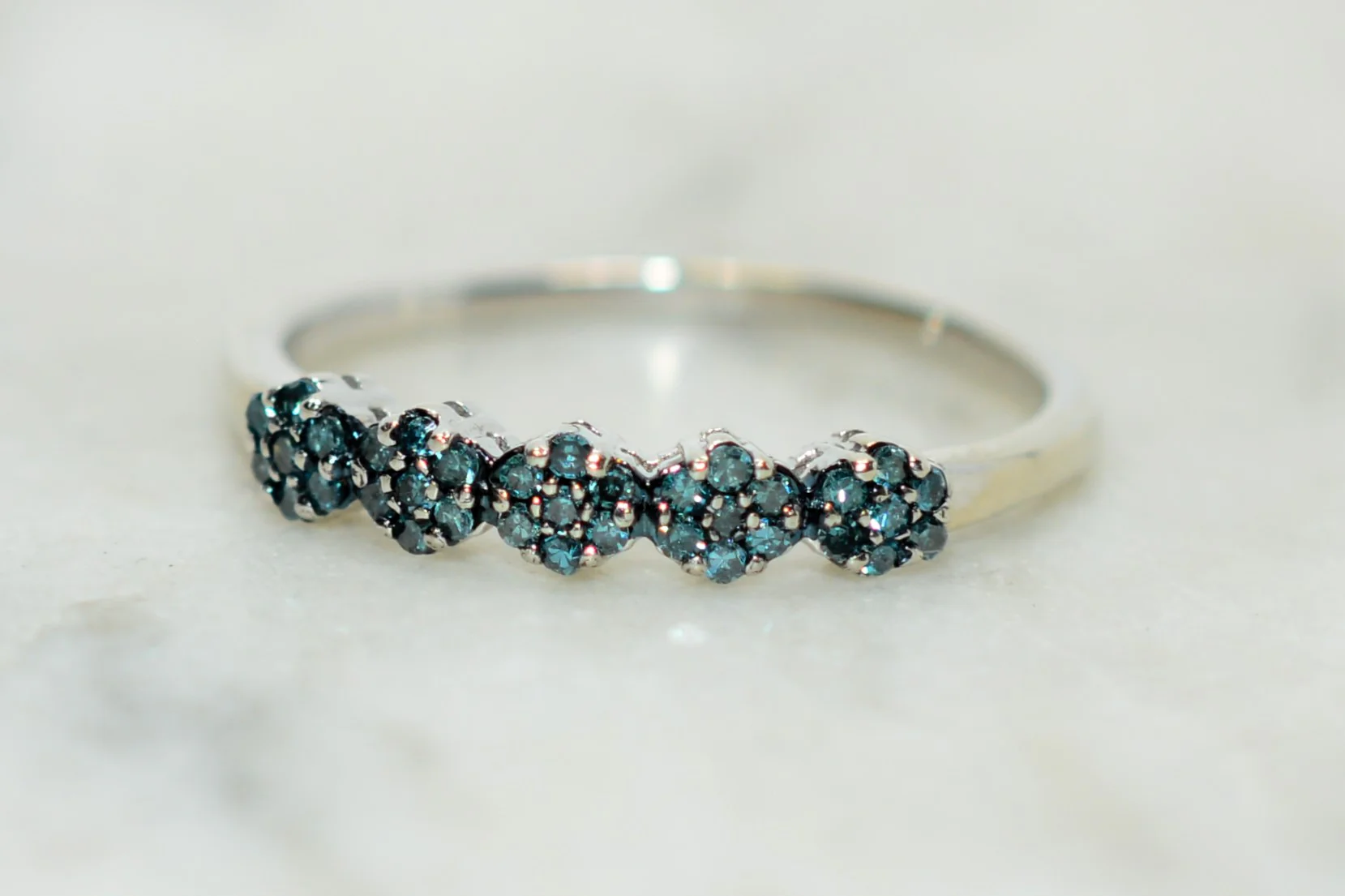 Natural Fancy Blue Diamond Ring 10K White Gold .18tcw Flower Band Cluster Gemstone Promise Ring Bridal Jewelry Vintage Estate Jewelry - Image 8