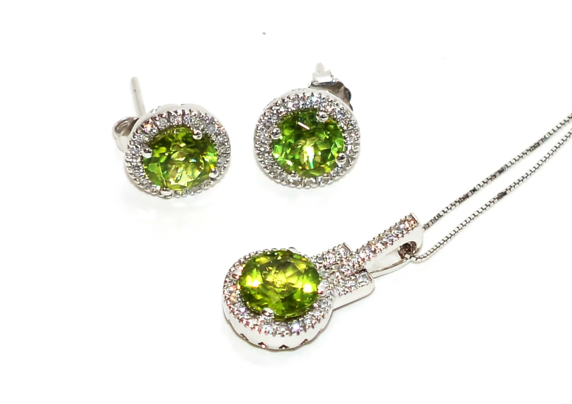 Natural Peridot & Diamond Pendant Necklace Earring Set 14K Solid White Gold 5.94tcw Birthstone Peridot Necklace Peridot Earrings Jewelry Set - Image 5