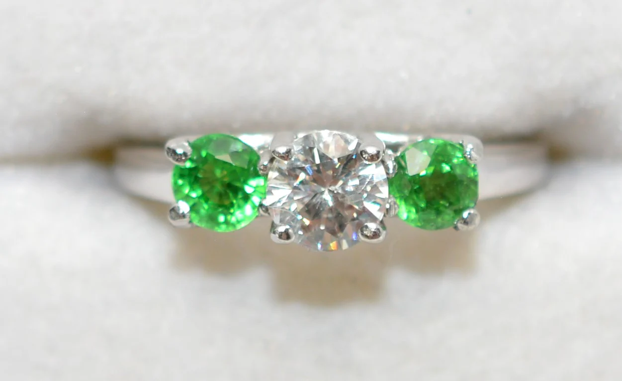 Natural Tsavorite Garnet & Diamond Ring 14K Solid White Gold Platinum 1.11tcw Gemstone Estate Jewelry Jewellery Three-Stone Ring Neon Green - Image 4